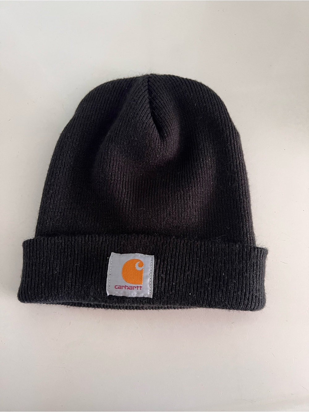 Carhartt Black Cuffed Beanie with Orange Logo Patch